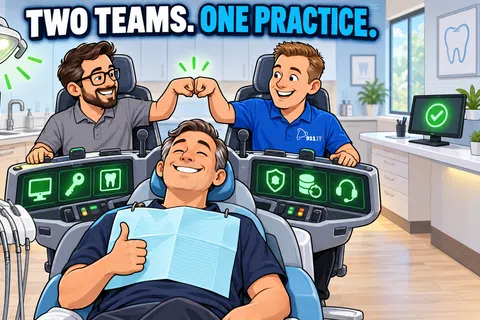 Two dental professionals fist bump behind a smiling patient in a modern dental clinic with digital screens and equipment.