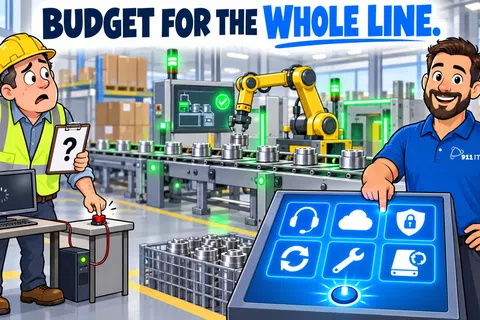 Factory workers using advanced automation and IT systems to optimize production and budget the entire line