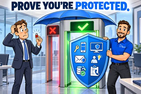 Two men in an office with security gate showing red cross and green check under umbrella and large shield icons.