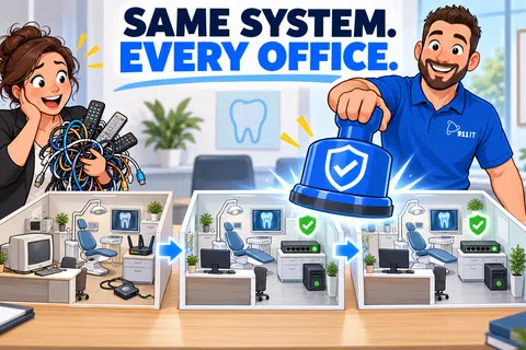 Illustration showing a woman tangled in cables and a man securing dental offices with the same IT system for all.