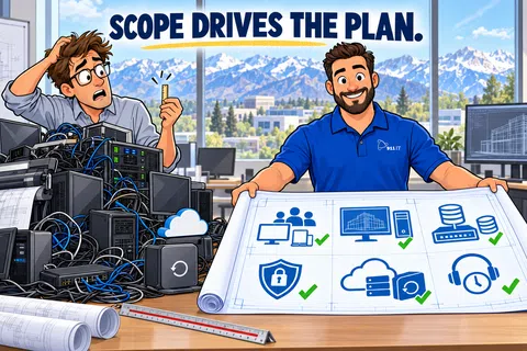Two men in an office with IT equipment, one holding a confusing cable and the other presenting a clear IT plan blueprint.