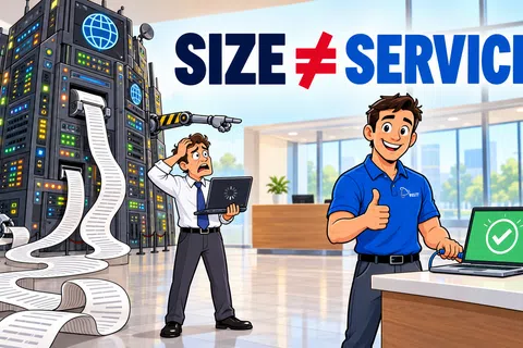 Cartoon shows overwhelmed man with large servers and frustrated laptop versus happy technician with efficient laptop and thumbs up.