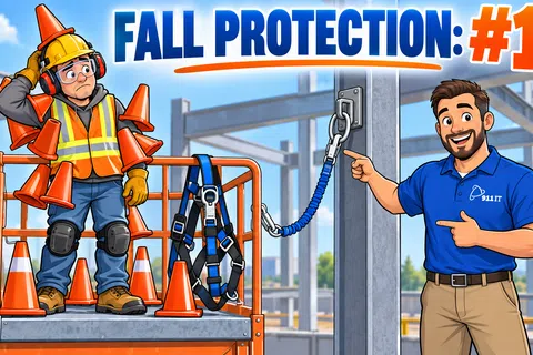 Animated construction scene showing fall protection equipment and a trainer instructing proper safety harness use.