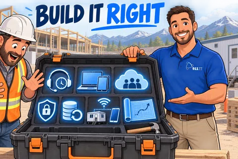 Construction worker and IT specialist showcase a tech toolbox with cloud, security, and device icons at a building site.