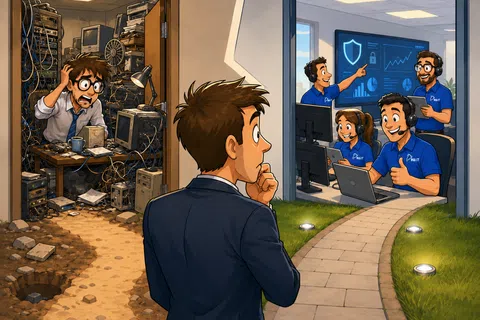 Man observes a cluttered, chaotic tech room versus a modern, organized IT support team in a clean office environment.