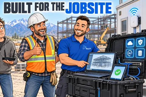 Three construction workers with digital equipment on a construction site under the text Built for the Jobsite.