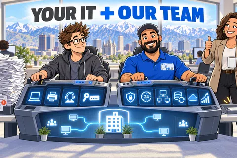 Two IT professionals at futuristic desks with digital icons, a third person giving a thumbs up in an office setting.