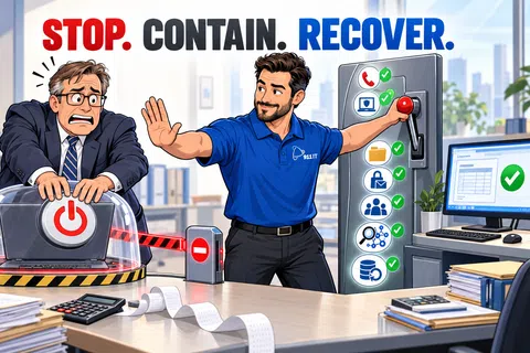IT specialist preventing panic by controlling data recovery process with stop contain recover message in office.
