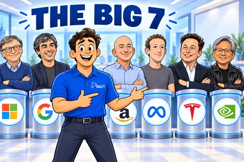Cartoon of tech leaders and logos from Apple, Microsoft, Google, Amazon, Meta, Tesla, and Nvidia with a 911IT mascot.