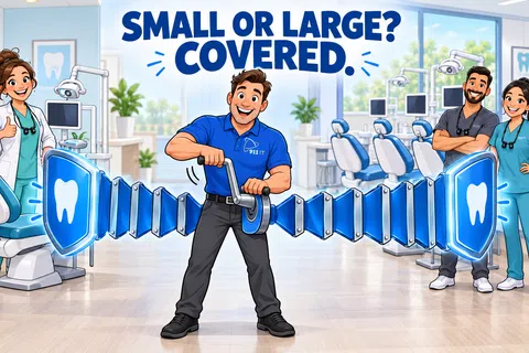 Man in blue shirt stretches shield with tooth icons between dentists in clinic with text Small or Large? Covered.