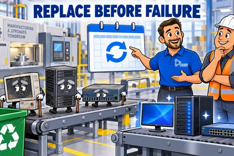 Cartoon tech devices on a factory conveyor illustrating replacing old hardware before failure with new equipment.