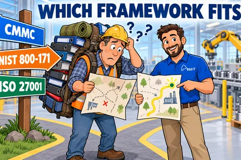 Two men compare maps under signs labeled CMMC, NIST 800-171, and ISO 27001 in a factory setting with the text Which Framework Fits?