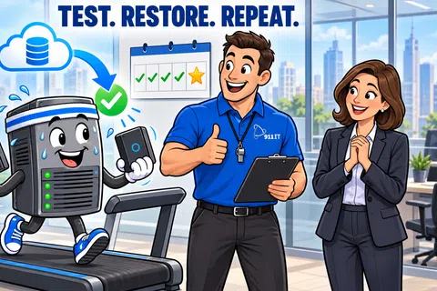 Animated server running on treadmill with cloud checkmark, IT technician thumbs up, and businesswoman in office.