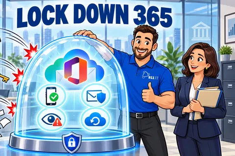 Business professionals showcase Lock Down 365 security protecting Microsoft 365 with icons under a protective dome in office.