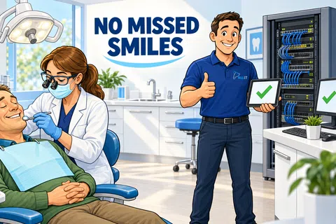 Dentist treating relaxed patient in clinic while IT technician gives thumbs up holding tablet with checkmark.
