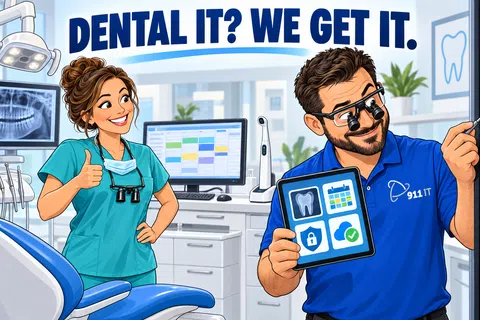 Dental office with a smiling dental assistant giving thumbs up and IT technician managing servers with dental software.