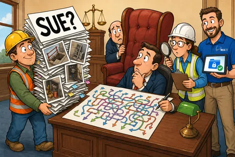 Cartoon of workers and a lawyer discussing a complex lawsuit with photos and documents labeled Sue in a courtroom setting.