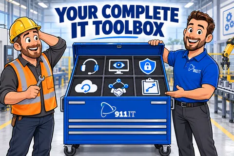 Cartoon worker and IT professional presenting a blue toolbox labeled 911 IT inside a modern factory setting.