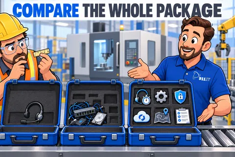 Two men compare three blue briefcases filled with tech gear and icons in a modern factory setting with robotic arms.