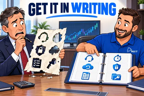 Businessman confused by torn paper with security icons, technician showing clear organized IT security plan in binder.