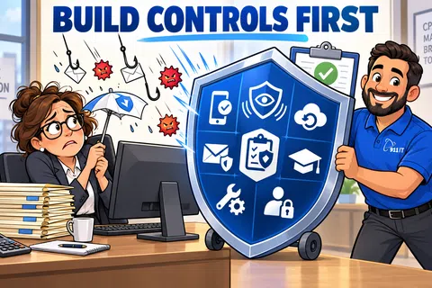 Illustration of a stressed woman protected by a shield from digital threats during tax season, with a smiling IT professional.