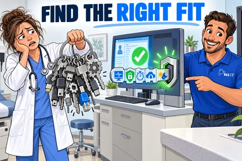 IT professional helps a stressed doctor find the right cybersecurity solution in a medical office setting.