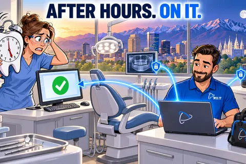 IT technician supports dentist after hours remotely with secure connection in modern dental office at sunset.