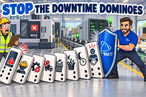 Man stops dominoes symbolizing factory downtime with 911 IT shield in an industrial warehouse setting.
