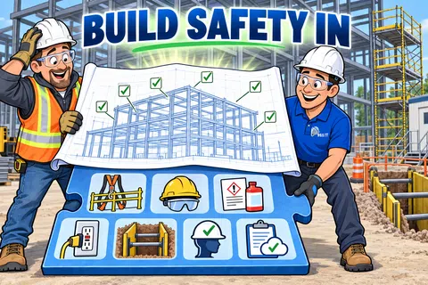 Two construction workers holding safety checklist with gear icons on site under Build Safety In text