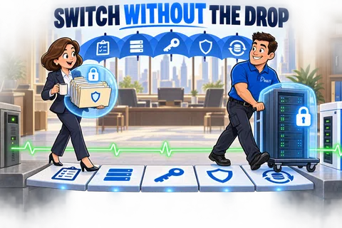 Businesswoman and technician securely transferring data between servers with icons and protection shield under the text Switch Without the Drop.