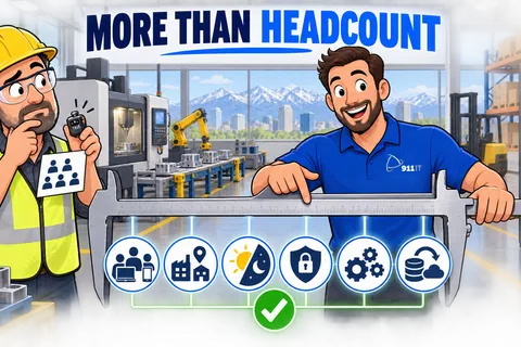 Two workers in a factory holding a caliper over icons representing people, location, time, security, settings, and cloud storage.