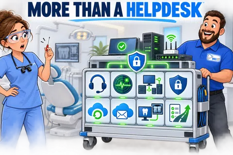 Dental office scene showing animated IT helpdesk staff with secure tech support equipment cart and icons.