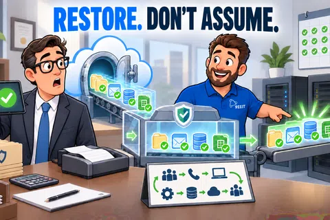 Two men demonstrate secure data restoration workflow with cloud, servers, and verified file icons in office setting.