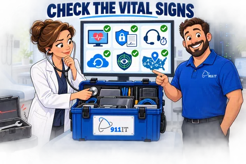 IT professionals check vital system signs using diagnostic tools in a tech-themed office setting.