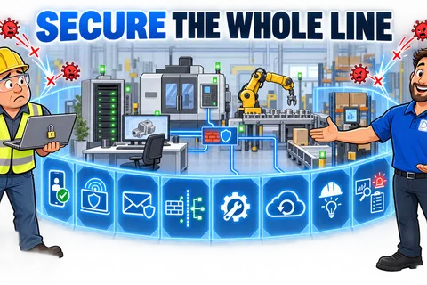 Illustration showing factory security with secure network line protecting machinery and workers from cyber threats.