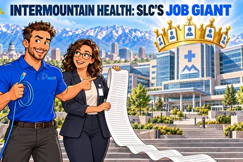 Two professionals stand in front of Intermountain Health building with a long job list and Salt Lake City skyline behind them.