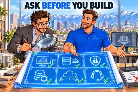 Two professionals examining a digital blueprint with IT infrastructure icons and the text Ask Before You Build.