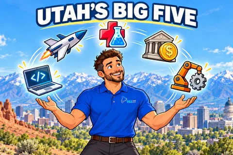 Man in blue shirt juggles icons representing Utah's big five industries with mountains and city skyline background.