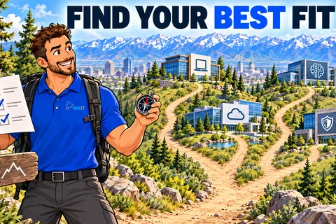 Man with checklist and compass choosing paths leading to tech buildings under Find Your Best Fit text with mountain city backdrop.
