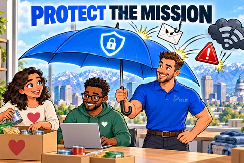 IT professional uses a shielded umbrella to protect two volunteers packing food boxes from cyber threats in a city office.