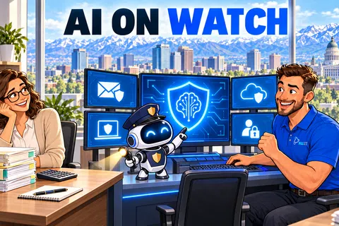AI security robot in police uniform monitoring digital shields displayed on computer screens with two professionals in modern office