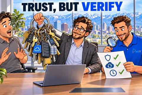 Three men in office with computer and keys, emphasizing trust and verification with checklist and magnifying glass.