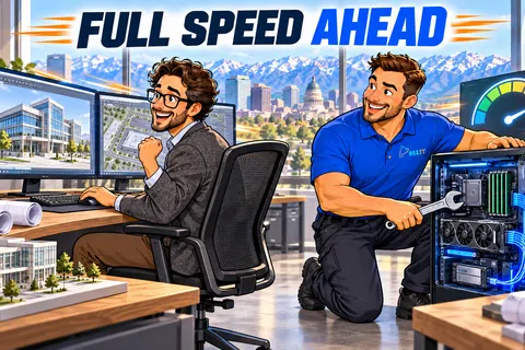 Engineer working on computer graphics while technician repairs high-performance PC with speed meter in modern office.