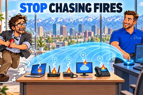 IT professional stops digital device fires remotely, protecting network and data security in an office setting.