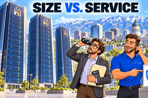 Two men compare tall buildings and customer service with city skyline and mountains in background.
