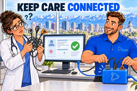 Medical professional confused by tangled cables while IT technician connects devices in clinic with city skyline.