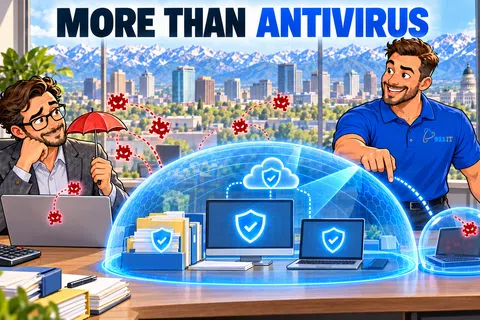 Two men in office with digital shield protecting devices from viruses, illustrating advanced antivirus and cybersecurity.