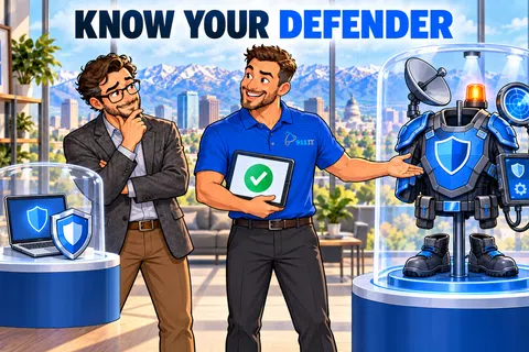 Tech professional explains cybersecurity defender robot and laptop shield in a modern office with mountains in background.