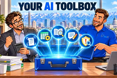 Two men excitedly reveal a glowing AI toolbox with icons for documents, spreadsheets, reading, writing, and alerts in a bright office.