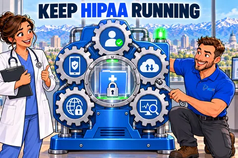 Doctor and technician working on secure HIPAA compliance system with medical and data icons in clinic.